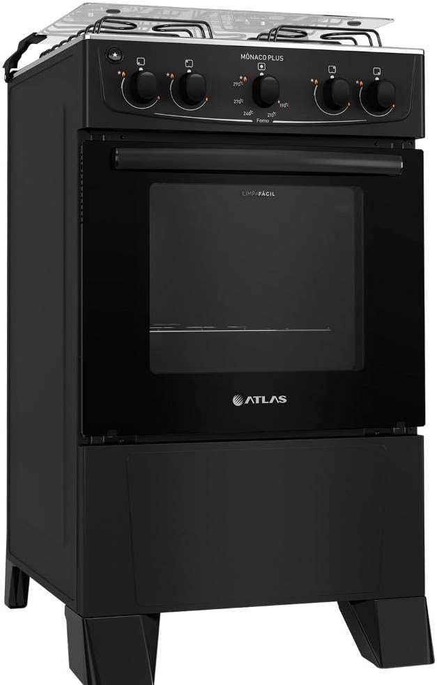 Fogão 4 bocas Atlas Mônaco Plus Preto com Acendimento Automático e Mesa Inox